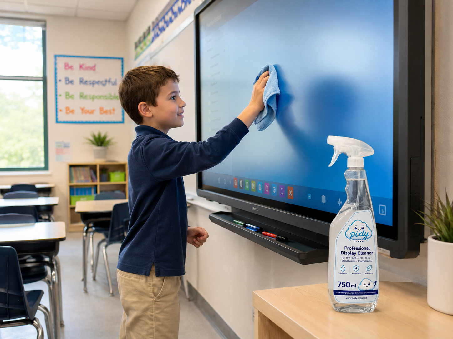 Schüler reinigt ein Smartboard im Klassenzimmer mit Pixly Clean